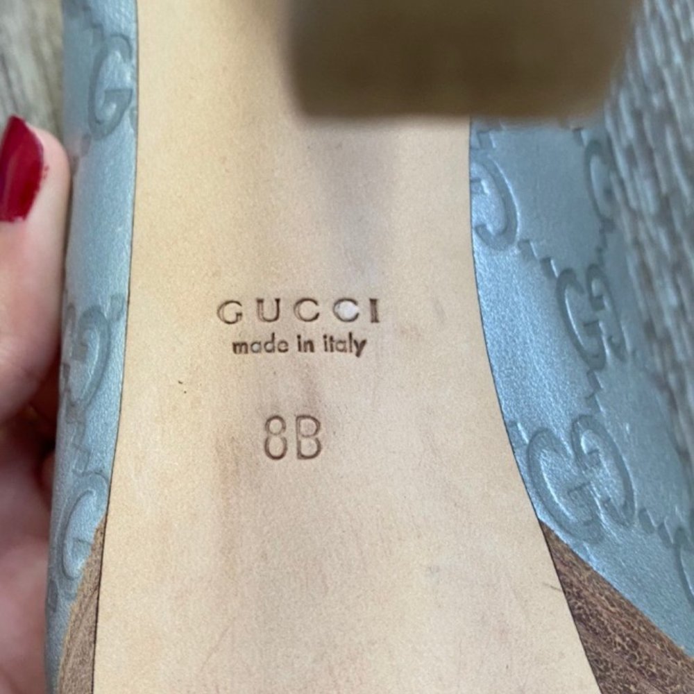 Authentic Gucci Silver Monogram Peep Toe Heels - image 3